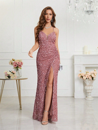Mermaid V-neck Sparkly Velvet Sequin Backless Prom Dress