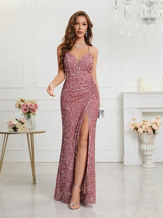 Mermaid V-neck Sparkly Velvet Sequin Backless Prom Dress