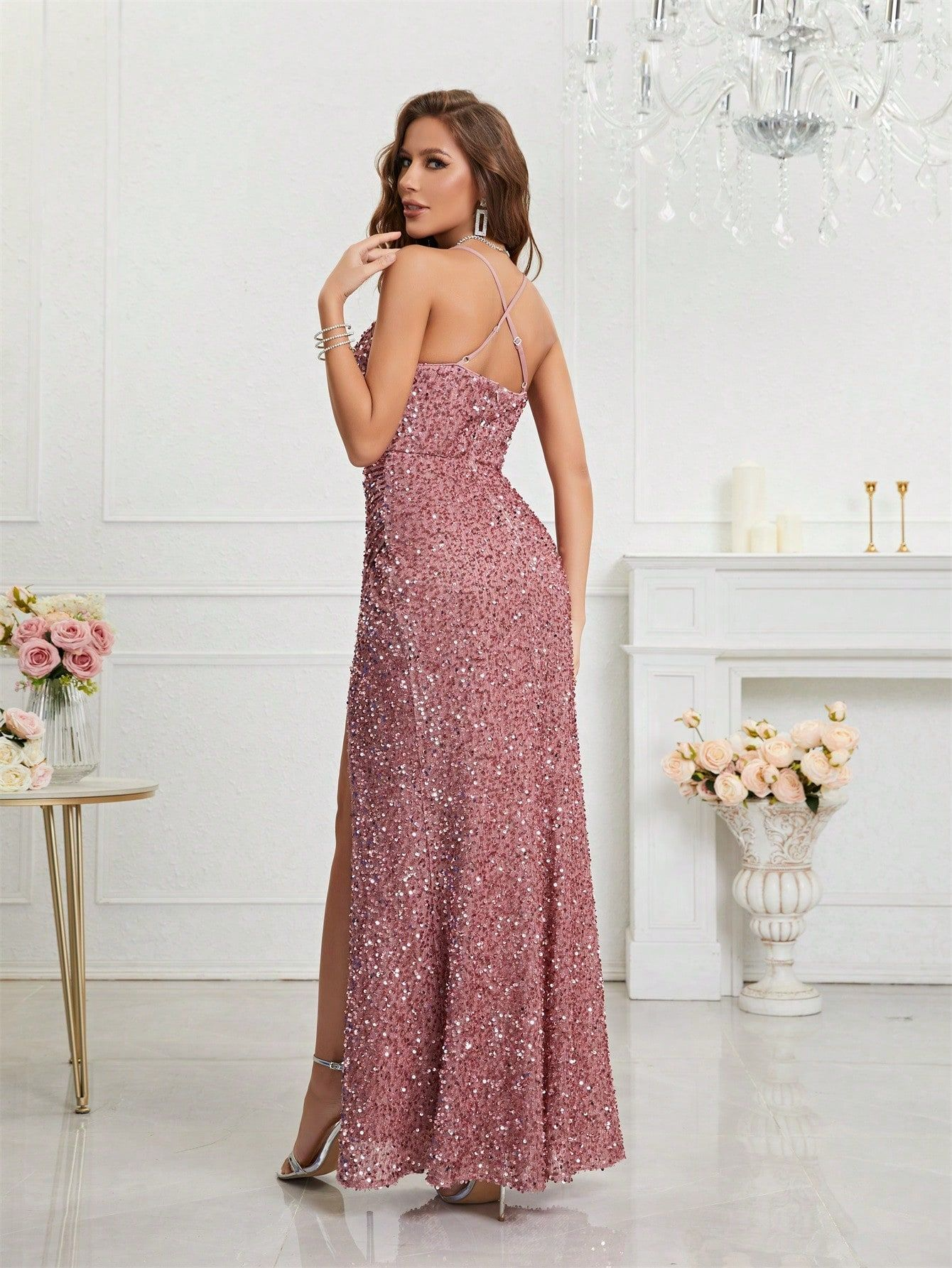 Mermaid V-neck Sparkly Velvet Sequin Backless Prom Dress