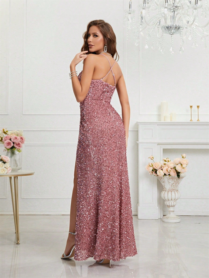 Mermaid V-neck Sparkly Velvet Sequin Backless Prom Dress