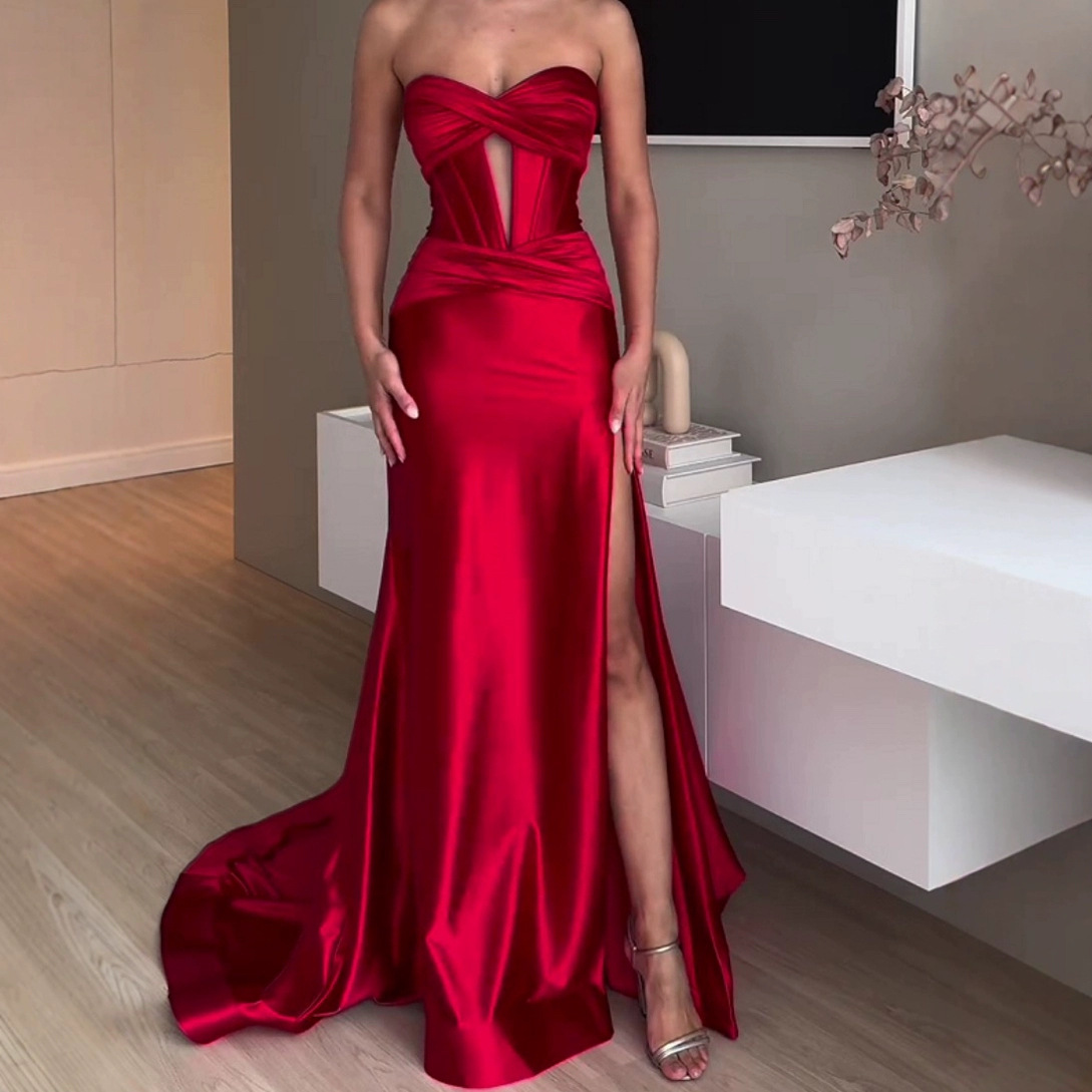 Mermaid Strapless Satin Cut Out Prom Dress With Ruched