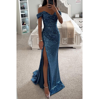 Sparkly Sequin Off-the-shoulder Ruched Prom Dress