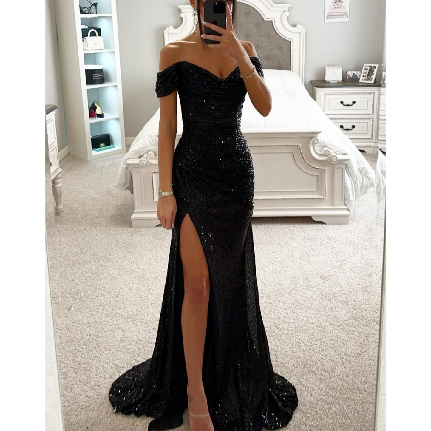 Sparkly Sequin Off-the-shoulder Ruched Prom Dress