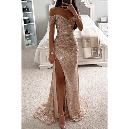 Sparkly Sequin Off-the-shoulder Ruched Prom Dress