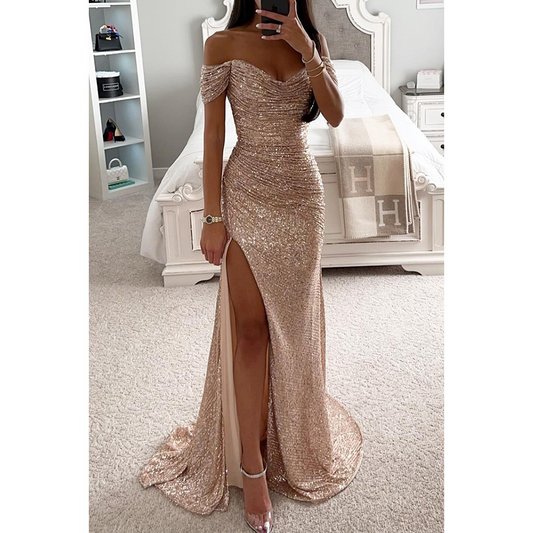 Sparkly Sequin Off-the-shoulder Ruched Prom Dress