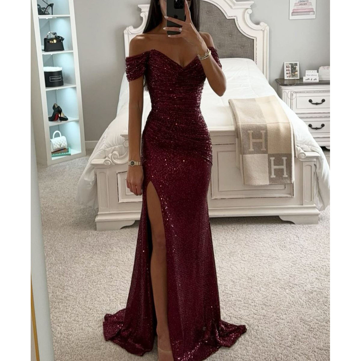 Sparkly Sequin Off-the-shoulder Ruched Prom Dress