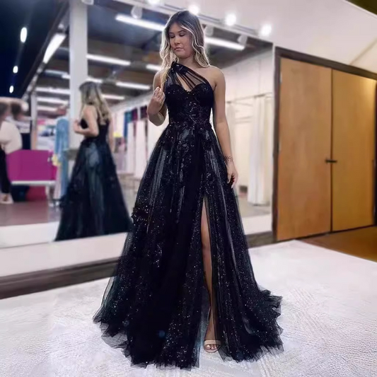 One Shoulder Tulle Cut Out Ball Gown Prom Dress With Floral