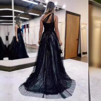 One Shoulder Tulle Cut Out Ball Gown Prom Dress With Floral