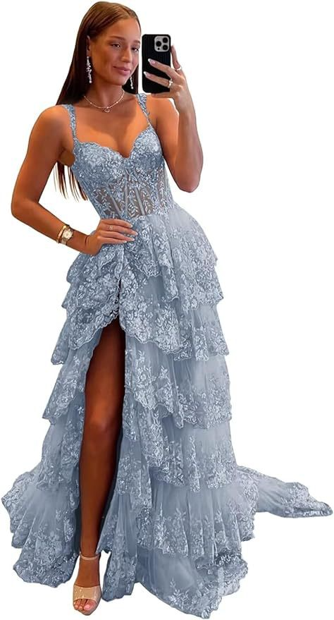Sequin Sweetheart Neck Ball Gown Tiered Prom Dress