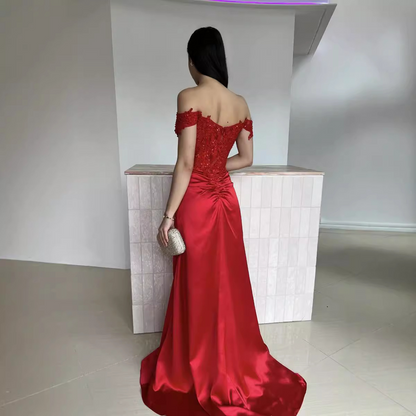 Satin Off-the-shoulder Corset Prom Dress With Appliques