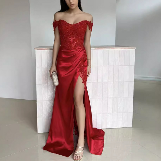 Satin Off-the-shoulder Corset Prom Dress With Appliques