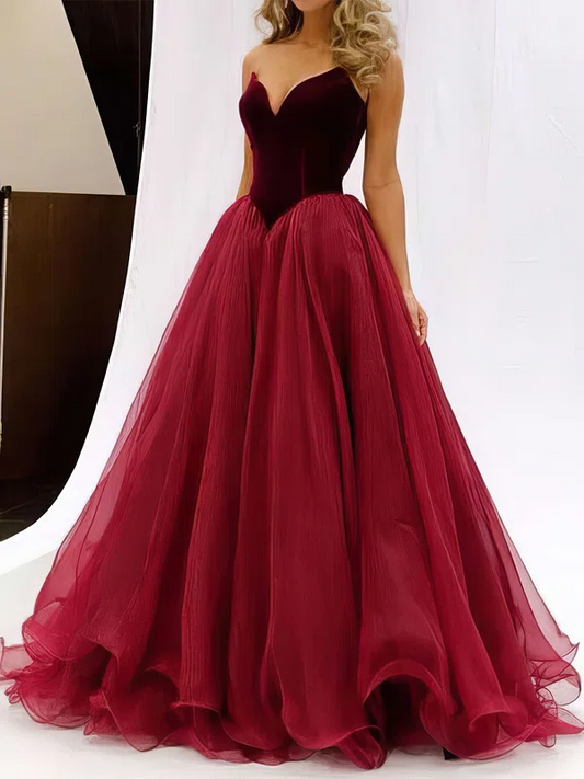 V-neck Velvet Tulle Ruffle Ball Gown Prom Dress