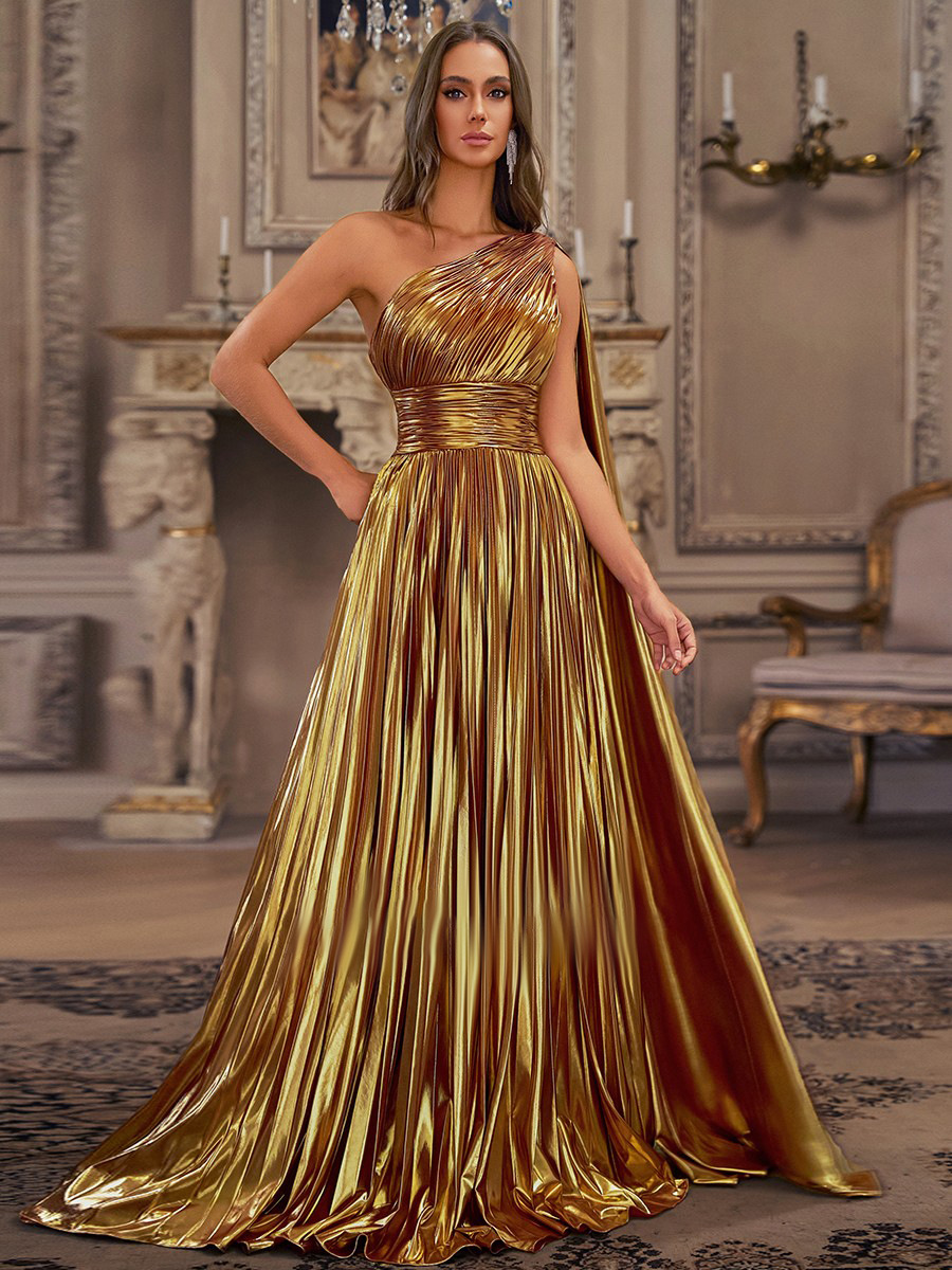 One Shoulder Metallic Ball Gown Prom Dress With Ruched