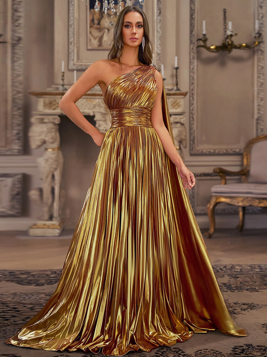One Shoulder Metallic Ball Gown Prom Dress With Ruched