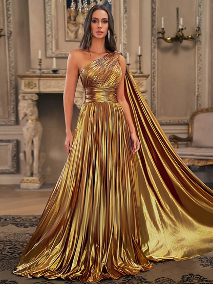 One Shoulder Metallic Ball Gown Prom Dress With Ruched