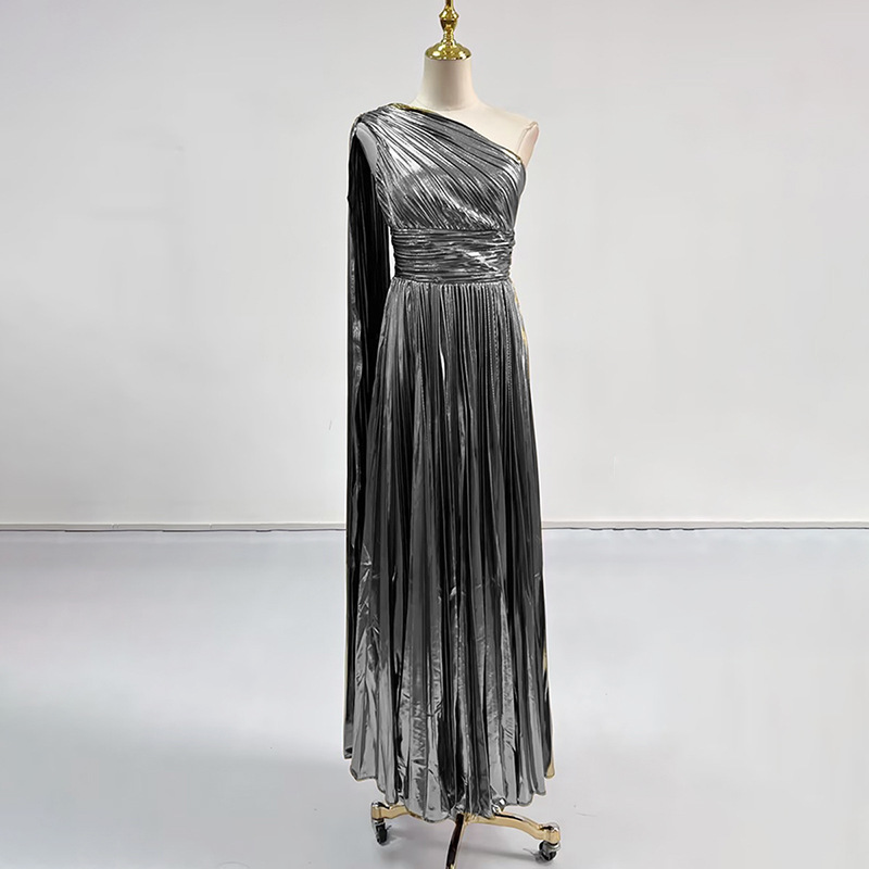 One Shoulder Metallic Ball Gown Prom Dress With Ruched