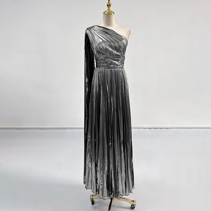 One Shoulder Metallic Ball Gown Prom Dress With Ruched