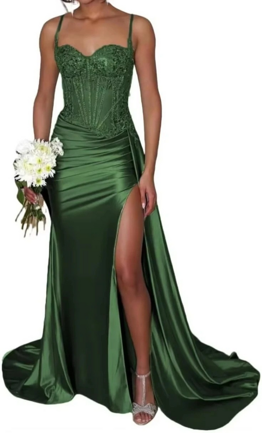 Column V-neck Satin Corset Prom Dress With Appliques