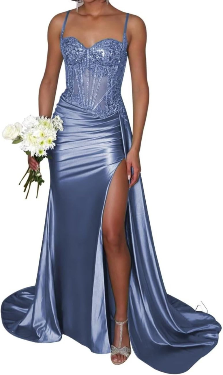 Column V-neck Satin Corset Prom Dress With Appliques