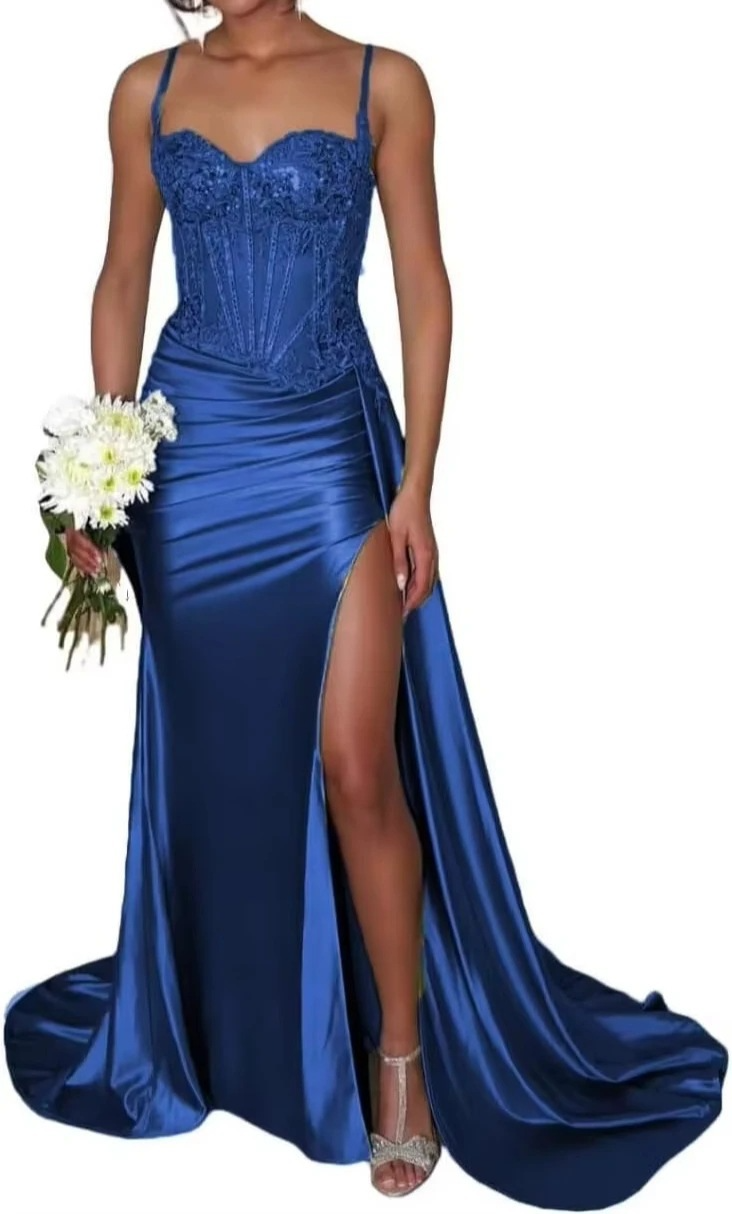Column V-neck Satin Corset Prom Dress With Appliques