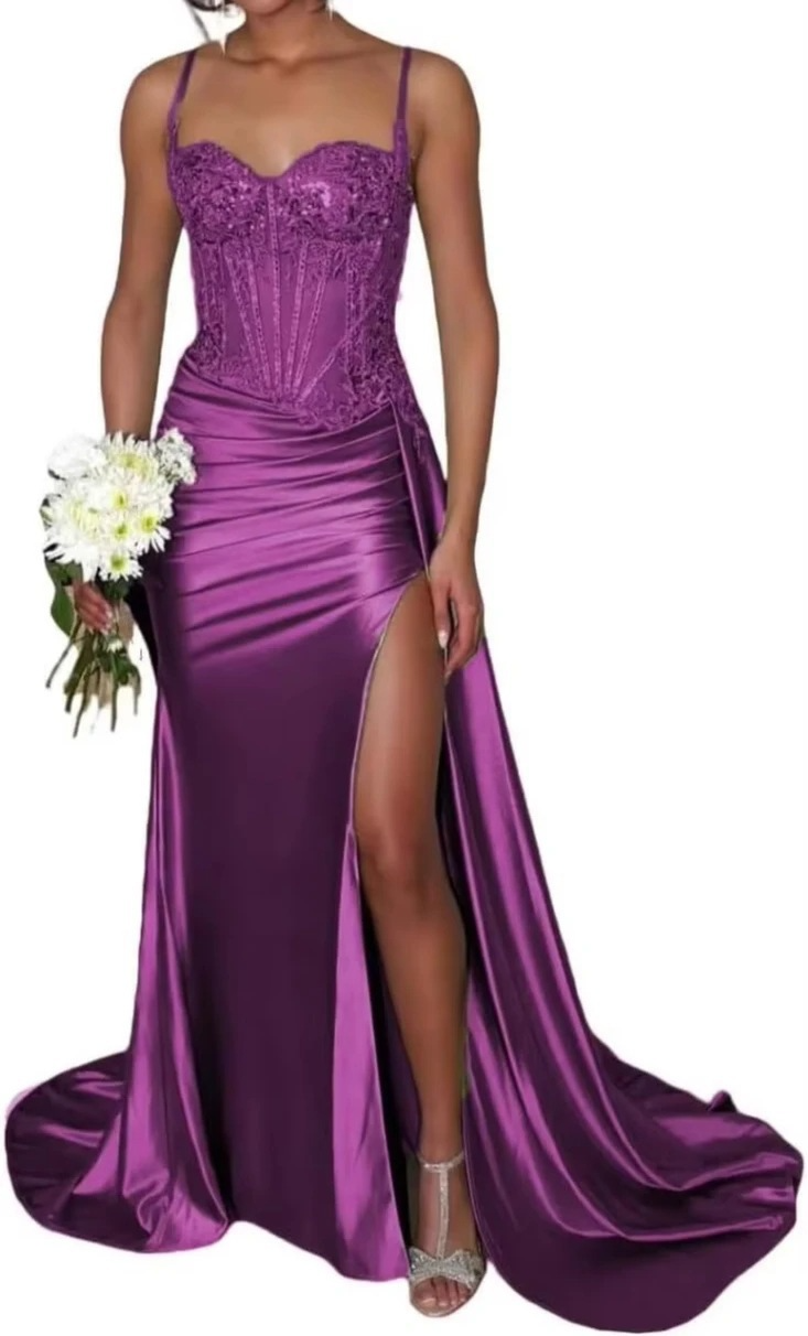 Column V-neck Satin Corset Prom Dress With Appliques