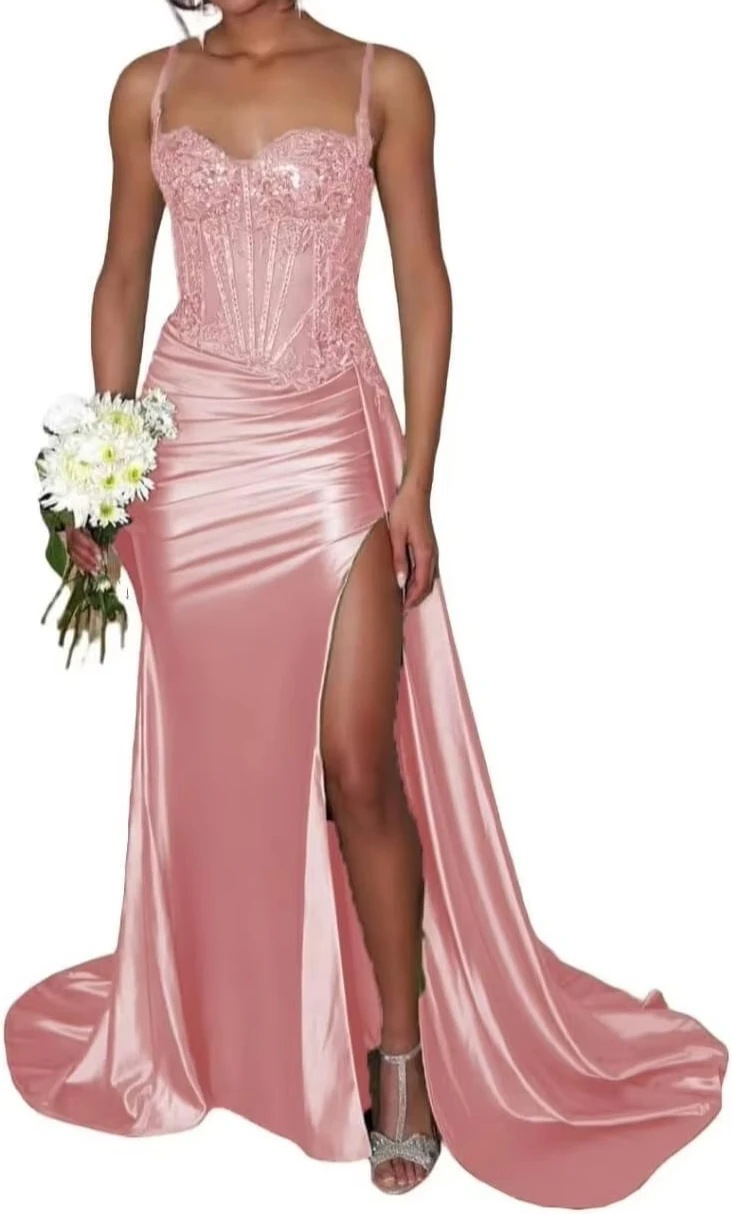 Column V-neck Satin Corset Prom Dress With Appliques