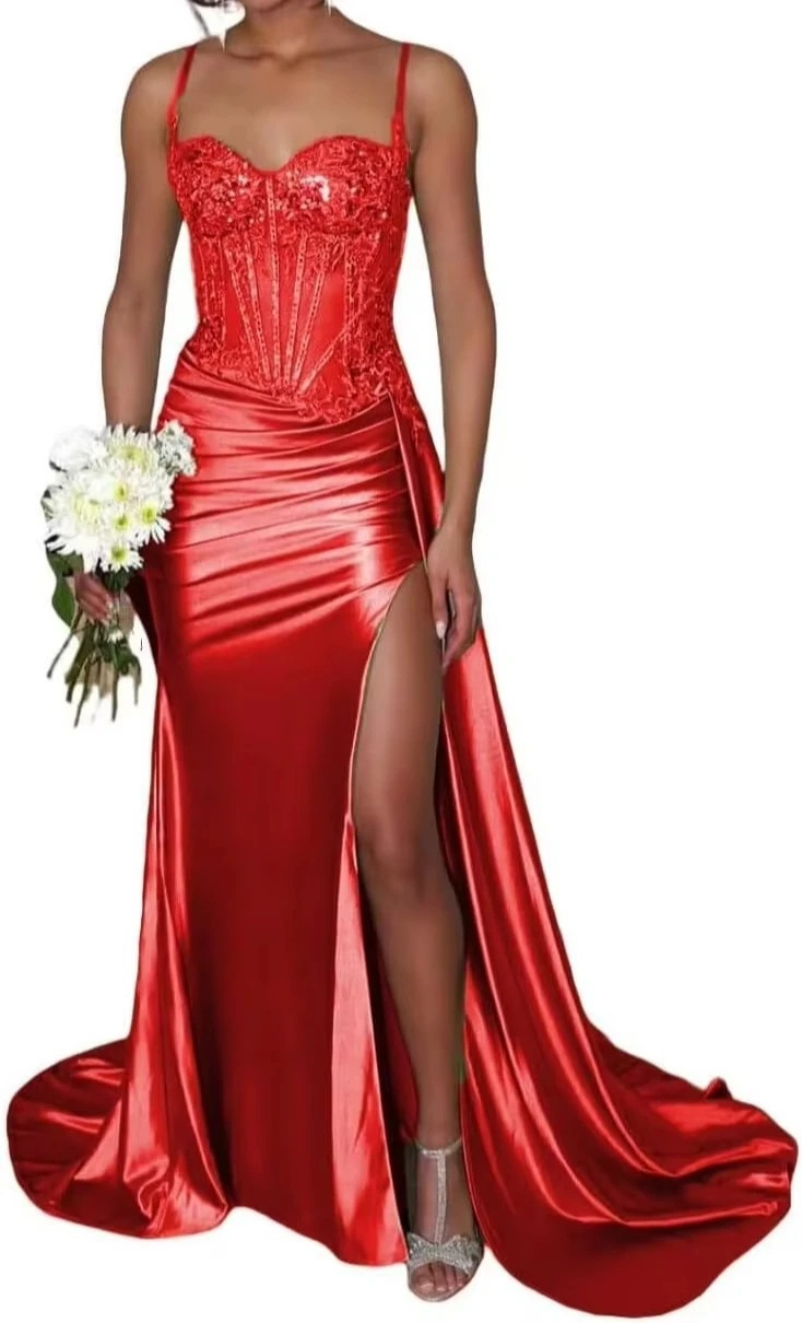Column V-neck Satin Corset Prom Dress With Appliques