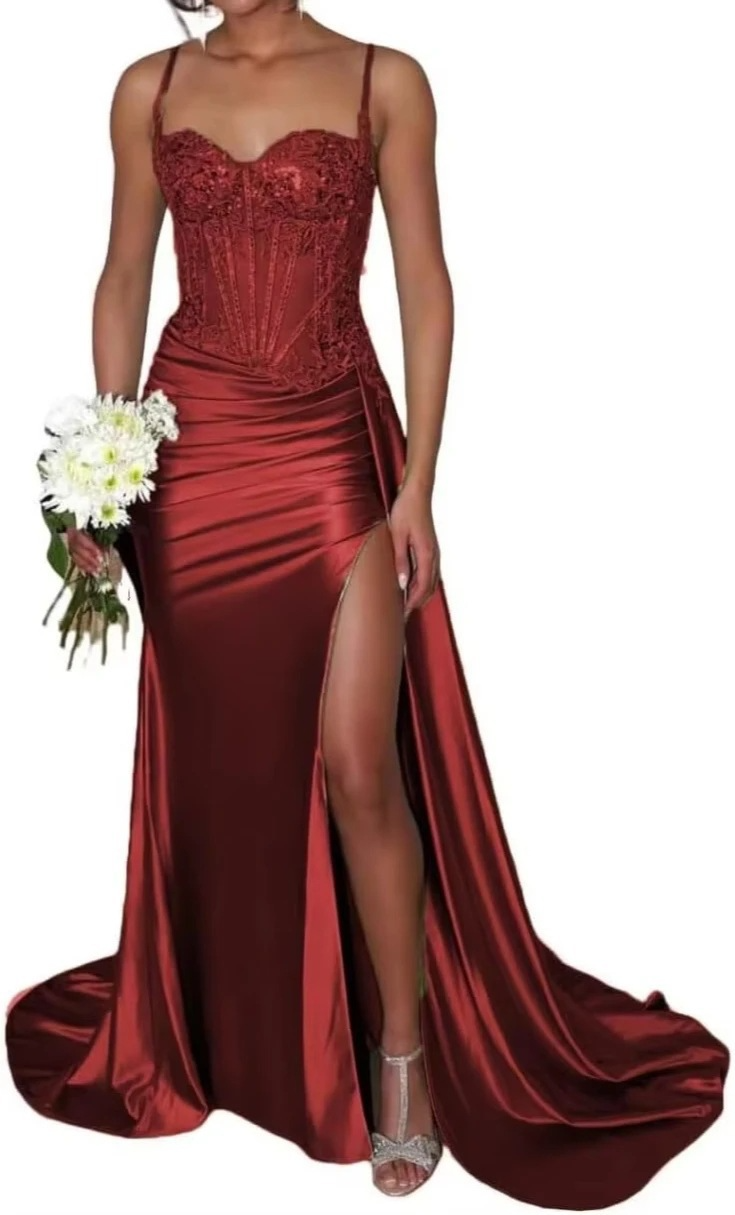 Column V-neck Satin Corset Prom Dress With Appliques