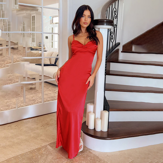 Spaghetti Strap Sleeveless V Neck Slit Dress