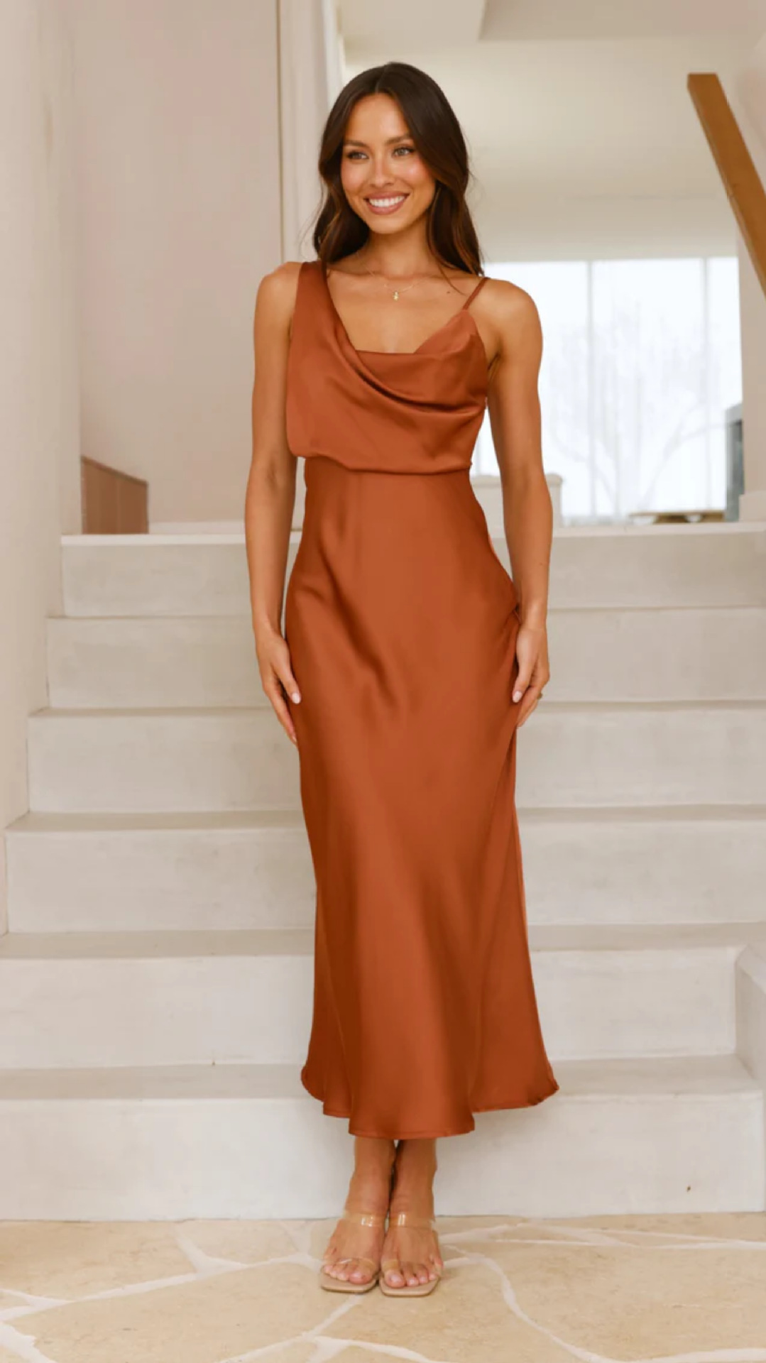 Cowl Neck Sleeveless Satin Bridesmaid Dress