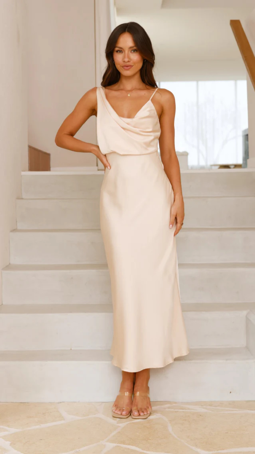 Cowl Neck Sleeveless Satin Bridesmaid Dress