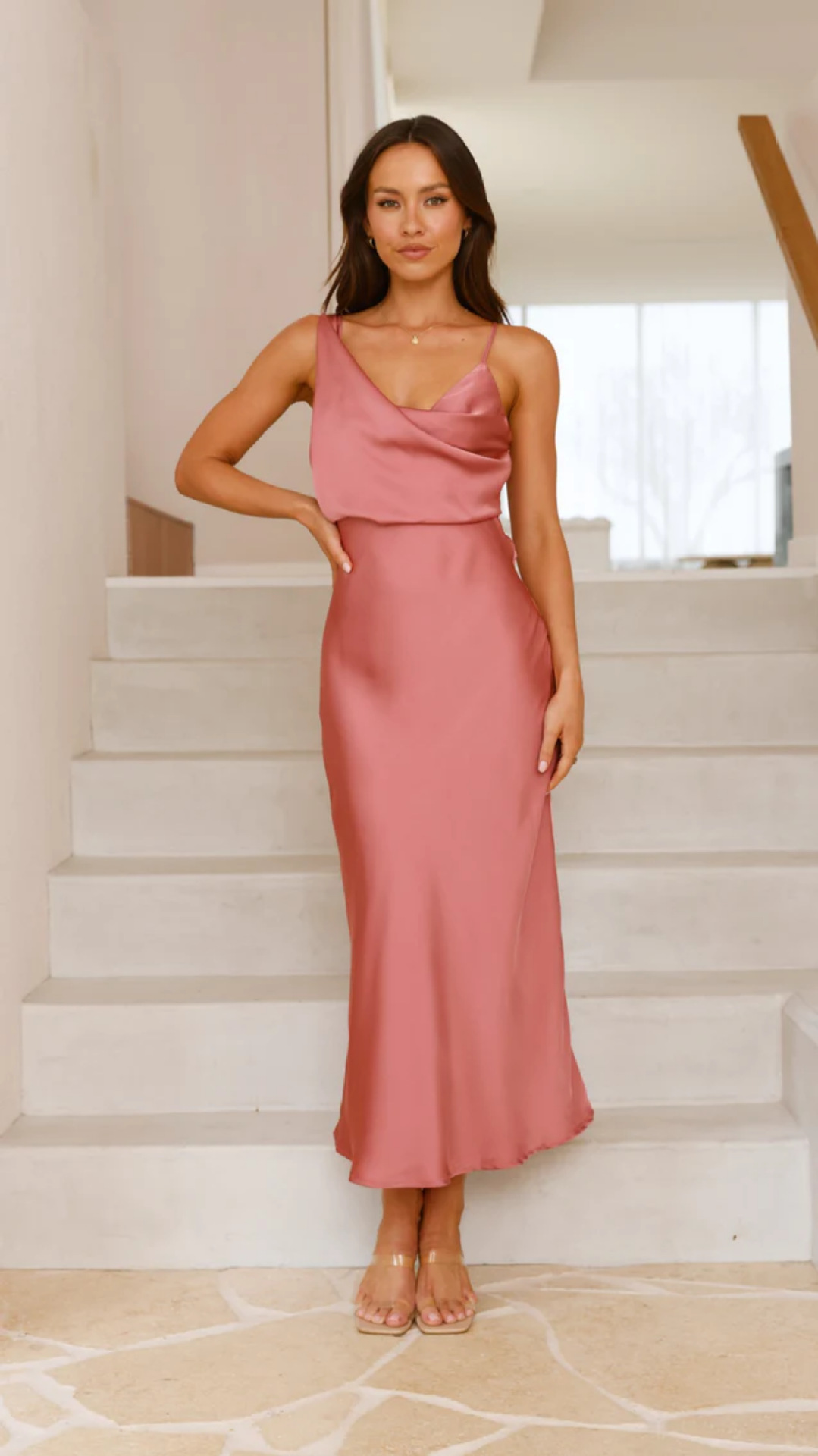 Cowl Neck Sleeveless Satin Bridesmaid Dress