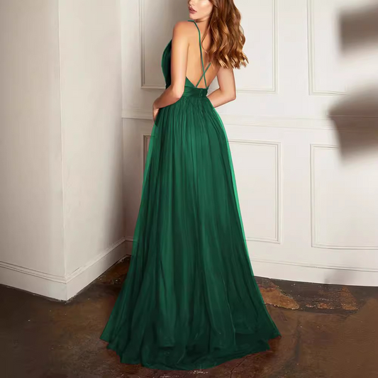 A-line V-neck Tulle Floor-length Bridesmaid Dress
