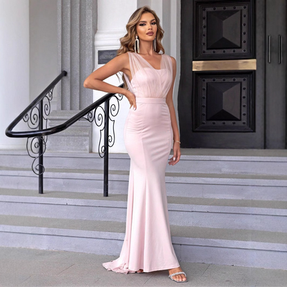 Column V-neck Tulle Stretch Sweep Train Bridesmaid Dress