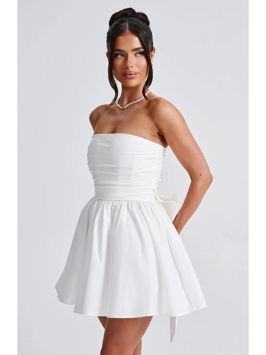 Puffy Skater Satin Straight Bow Homecoming Dress