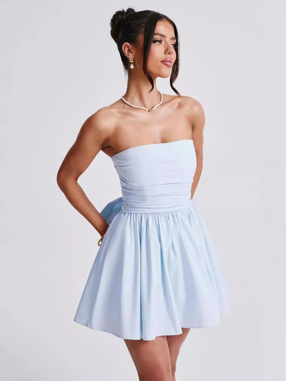Puffy Skater Satin Straight Bow Homecoming Dress
