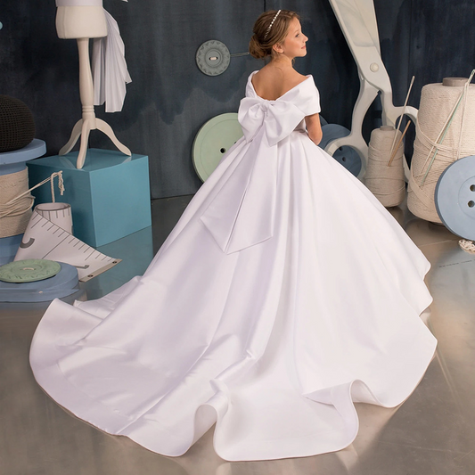 Ball-Gown Off-The-Shoulder Satin Flower Girl Dress
