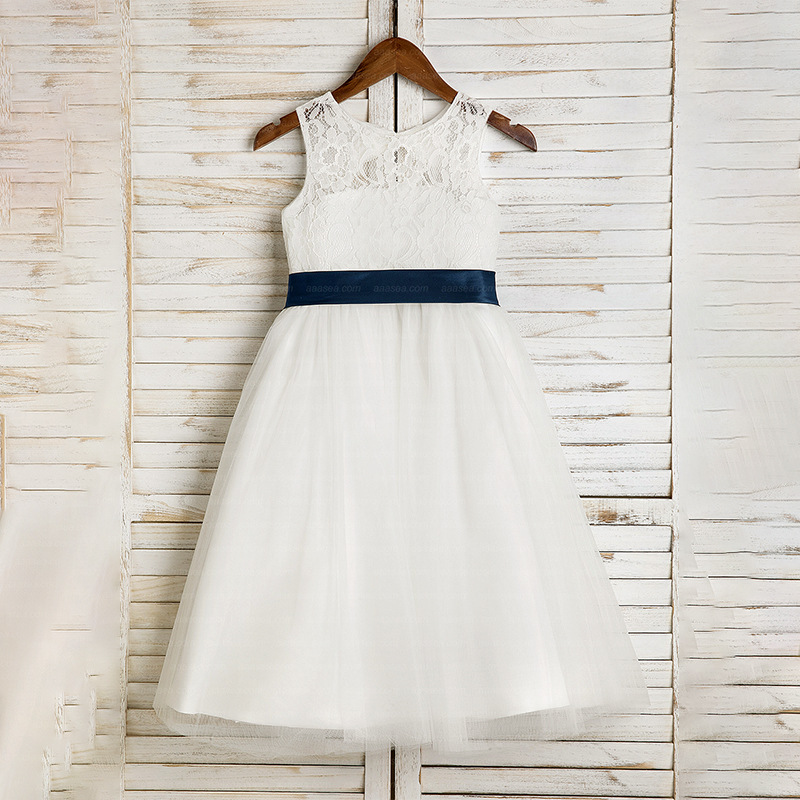 A-Line Illusion Neck Tea-Length Lace Tulle Flower Girl Dress