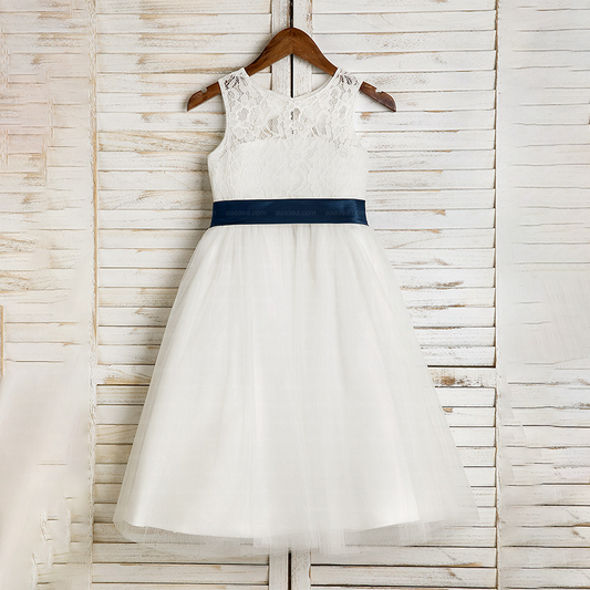 A-Line Illusion Neck Tea-Length Lace Tulle Flower Girl Dress