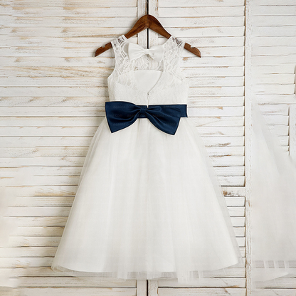 A-Line Illusion Neck Tea-Length Lace Tulle Flower Girl Dress