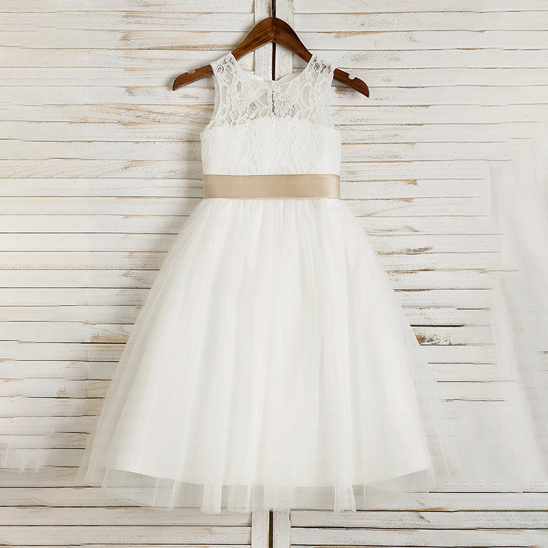 A-Line Illusion Neck Tea-Length Lace Tulle Flower Girl Dress