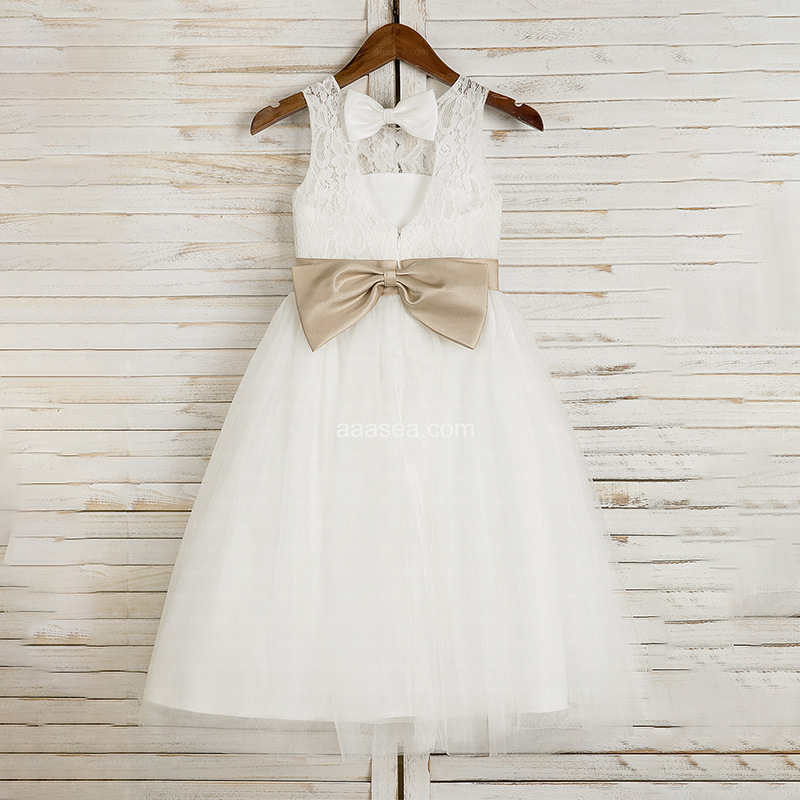 A-Line Illusion Neck Tea-Length Lace Tulle Flower Girl Dress
