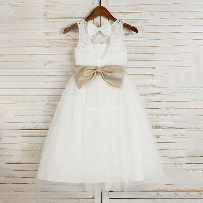 A-Line Illusion Neck Tea-Length Lace Tulle Flower Girl Dress