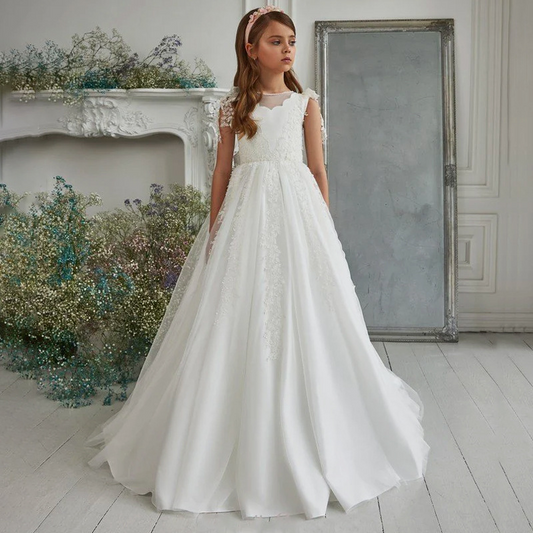 A-Line Illusion Neck Sweep Train Flower Girl Dress With Appliques Lace