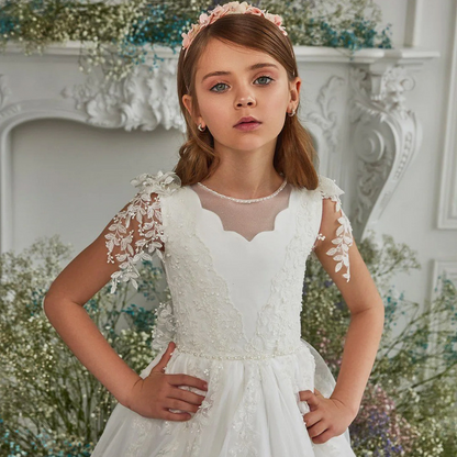 A-Line Illusion Neck Sweep Train Flower Girl Dress With Appliques Lace