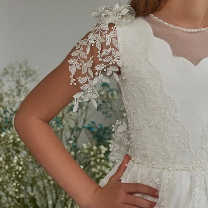 A-Line Illusion Neck Sweep Train Flower Girl Dress With Appliques Lace
