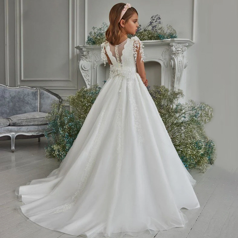 A-Line Illusion Neck Sweep Train Flower Girl Dress With Appliques Lace