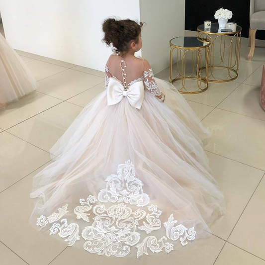 Luxury Bow Accented Flower Girl Dress With Lace Applique