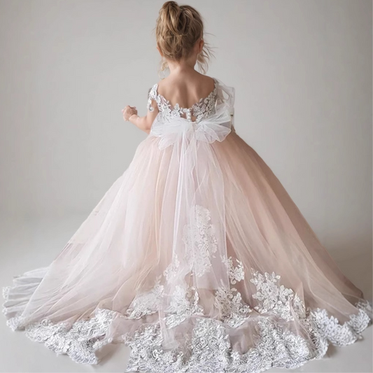 Ball-Gown Illusion Neck Sweep Train Lace Flower Girl Dress With Bow