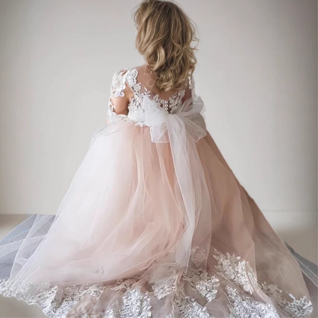 Ball-Gown Illusion Neck Sweep Train Lace Flower Girl Dress With Bow